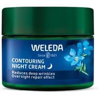 Weleda Blue Gentian & Edelweiss Contouring Night Cream in a blue jar with a dark green lid, 40ml.