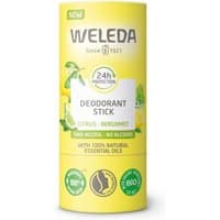 Yellow Weleda deodorant stick with citrus and bergamot, 50g, featuring green lemon graphics and 24h protection label.