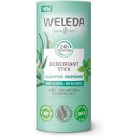 Weleda Eucalyptus & Peppermint deodorant stick, green packaging, 50g, with leaf design and 24h protection label.