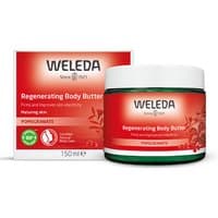 Weleda Pomegranate Regenerating Body Butter 150ml in a red jar with matching box, featuring pomegranate graphics.