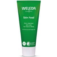 Green tube of Weleda Skin Food 75ml with white text and logo, designed for face and body care.