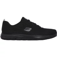 Black Skechers Work Relaxed Fit trainers with mesh upper, lace-up front, and slip-resistant sole.