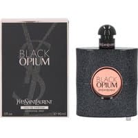 YSL Black Opium Eau de Parfum 90ml, black glitter bottle with round rose gold label, matching box.