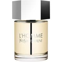 Clear glass bottle with silver hexagonal cap, labeled "L'Homme Yves Saint Laurent," containing light amber liquid.