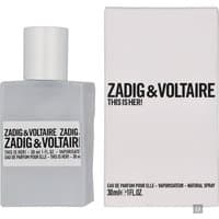 White rectangular perfume bottle with black text, next to matching box labeled "Zadig & Voltaire This Is Her!"