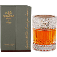 Zimaya Sharaf Blend Extrait de Parfum, 100ml, in a crystal-patterned glass bottle with amber liquid and gray box.