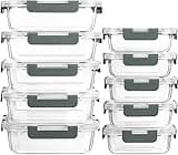 10-pack glass meal prep containers with gray snap locking lids, stackable design, rectangular shape, clear glass.