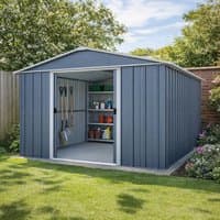 Anthracite metal shed with double sliding doors, vertical panel design, and interior shelves, set in a garden.