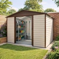 Brown Yardmaster shiplap metal shed, 10' x 6', with double sliding doors and cream panels, set in a garden.