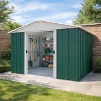 Green metal shed with white trim, double sliding doors, and pitched roof, measuring 10' x 8' by Yardmaster.
