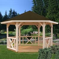 Wooden Palmako Betty Garden Pavilion with hexagonal roof and open sides, set in a lush garden setting.
