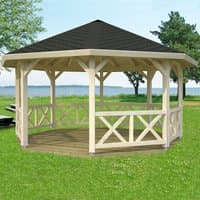 Hexagonal wooden gazebo with open sides, cross-brace railings, and a black shingled roof, set on a grassy lawn.