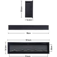 Black wall-mounted electric LED fireplace with glass front, sleek rectangular design, and realistic flame effect.