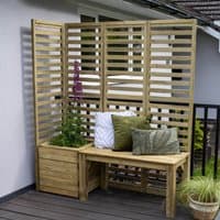 Wooden garden seating set with slatted backrest, planter box, and beige cushions on a patio.