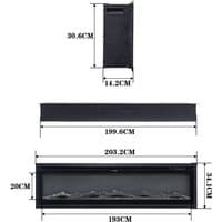 Black freestanding electric fireplace, 70/80 inch, with remote, 9 flame colors, sleek rectangular design.