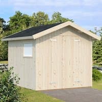 Wooden apex shed by Palmako, 9' x 9'5, natural finish, single window, double doors, black roof shingles.