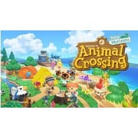 Animal Crossing New Horizons digital download key, colorful island scene with characters, tents, and trees.