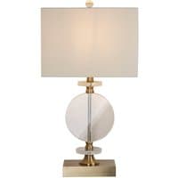 Antique brass table lamp with rectangular white shade and circular glass accent on a brass base.