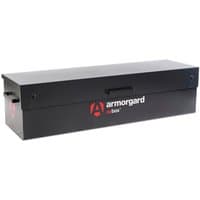 Black Armorgard OX6 Oxbox Truck Box with red logo, rectangular shape, side handles, and secure lid.
