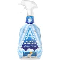 Astonish Fabric Refresher Cotton Fresh 750ml, blue spray bottle with white nozzle, cloud design, and couch image.