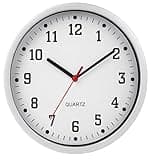 Round white wall clock with black numbers, black hour and minute hands, red second hand, and silver frame.