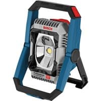 Blue Bosch cordless jobsite light with black handle, silver LED panel, and red accents.