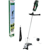 "BOSCH AdvancedBrushCut 36V brushcutter, green and black handle, silver shaft, with trimmer head and shoulder strap"