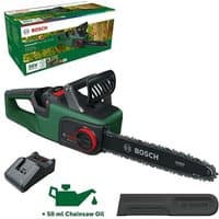 Green Bosch 36V cordless chainsaw with black 35cm blade, ergonomic handle, and red adjustment knob.