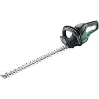 Green Bosch AdvancedHedgeCut 70 hedge trimmer with long silver blade and ergonomic black handle.