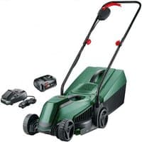Bosch green cordless lawnmower with black wheels, red accents, 23cm cutting width, 18V battery, and charger included.