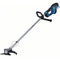 Bosch GFR 18V-23 brushcutter, blue and silver, long handle, black guard, ergonomic grip, cordless design.