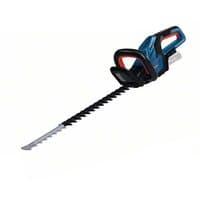 Blue Bosch 60cm cordless hedge trimmer with black dual-action blades and ergonomic handle.