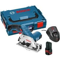 Bosch cordless circular saw with blue body, lithium battery, charger, and carrying case.