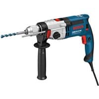 Blue Bosch GSB21-2RE impact drill with black side handle, silver chuck, and red trigger on a 230V power cord.