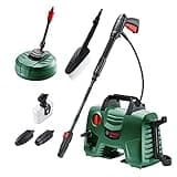 Green Bosch pressure washer with black handle, spray gun, nozzles, and accessories, in a compact design.