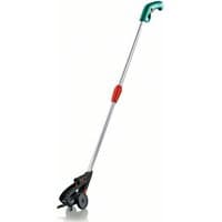 Bosch ISIO telescopic handle, silver with green grip, red adjustment knob, black wheels, extends 80-115cm.