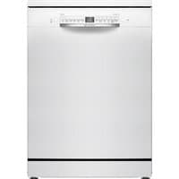 White Bosch Series 2 dishwasher with digital display, control panel on top, and sleek handle design.