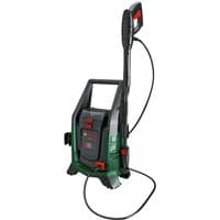 Green Bosch pressure washer with black handle, red accents, and 36V power, featuring a compact, upright design.
