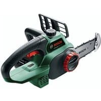 Green Bosch cordless chainsaw with 20cm blade, black handle, and red tensioning knob.