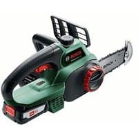 Green Bosch cordless chainsaw with 20cm blade, black handle, red accents, and 2.5Ah battery pack.
