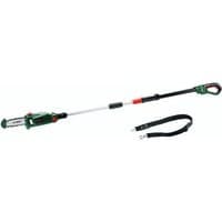 Green Bosch cordless telescopic pruner with black handle, red accents, and adjustable pole, includes shoulder strap.
