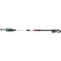 Green Bosch cordless telescopic pruner with 20cm blade, black handle, and red accents, includes 2.5Ah battery and charger.
