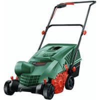 Green Bosch UniversalRake 900 Lawn Raker with black handle, red accents, and large wheels.