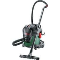 Bosch UniversalVac 15L vacuum cleaner, green and black with red accents, long hose, and wheeled base.