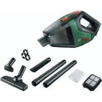 Green Bosch cordless handheld vacuum with black accents, detachable nozzle, and various attachments.