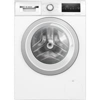 White Bosch washing machine with silver door trim, digital display, and control knob, 9kg capacity, 1400rpm speed.