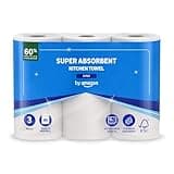 Super absorbent kitchen towel pack, 3-ply, 3 rolls, 80 sheets each, blue packaging, by Amazon, FSC certified.