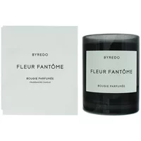 Byredo Fleur Fantome candle in a sleek black glass jar with white label, next to its matching white box.