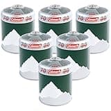 Coleman green gas cartridges pack of 6, with mountain design and red logo on top.