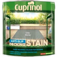 Cuprinol City Stone Anti-Slip Decking Stain 2.5L can with garden deck image, green and white label, weather protection.